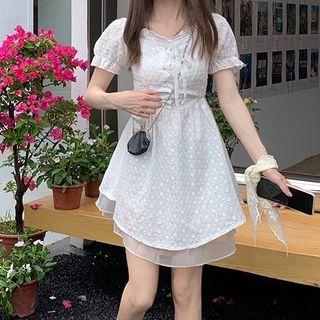 Short-sleeve Square-neck Lace-up Floral Cut-out Dress