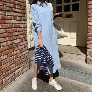 Drop-shoulder Shirtdress Blue - One Size