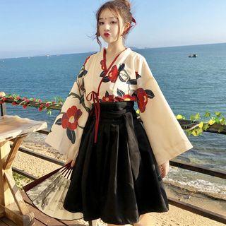 Flower Print Long-sleeve Top / High Waist A-line Skirt