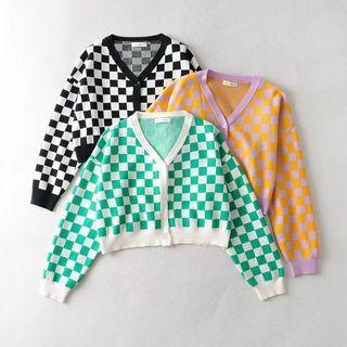 V-neck Checkerboard Cropped Cardigan