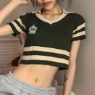 Short-sleeve Collar Applique Striped Knit Crop Top