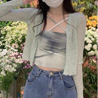 Tie-dye Print Cropped Camisole Top / Plain Cardigan