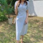 Short-sleeve Linen Blend V-neck A-line Midi Dress