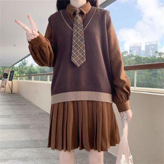 Long-sleeve Pleated Mini A-line Shirtdress / Plaid Tie / Sweater Vest