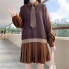 Long-sleeve Pleated Mini A-line Shirtdress / Plaid Tie / Sweater Vest