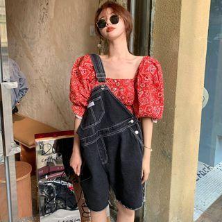 Square-neck Printed Blouse / Stitched Denim Playsuit