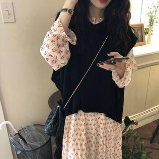 Long-sleeve Floral Print Midi Dress / V-neck Knit Vest / Set