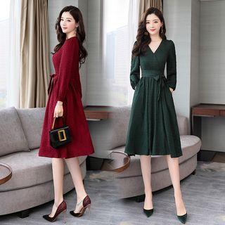 Long-sleeve Textured Wrap A-line Dress
