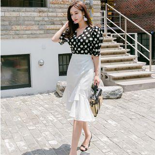 V-neck Dotted Elbow-sleeve Top / High Waist Ruffle Hem Pencil Skirt