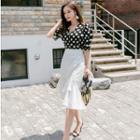V-neck Dotted Elbow-sleeve Top / High Waist Ruffle Hem Pencil Skirt