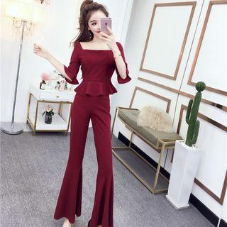 Set: Square Neck Elbow-sleeve Top + Boot Cut Pants