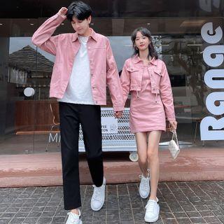 Couple Matching Button-up Jacket / Spaghetti Strap Mini Sheath Dress / Cropped Straight Leg Pants