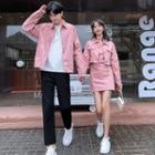 Couple Matching Button-up Jacket / Spaghetti Strap Mini Sheath Dress / Cropped Straight Leg Pants