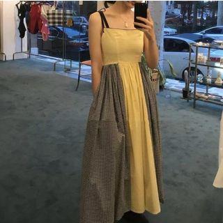 Color Block Gingham Strappy A-line Midi Dress