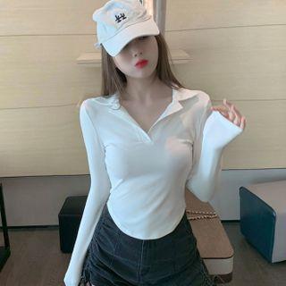 Polo-collar Sheath Cropped T-shirt