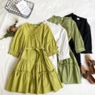 Set: Elbow-sleeve A-line Dress + Belt