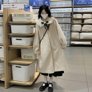 Frill Trim Bow Long Coat Beige - One Size
