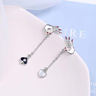 Non-matching Alloy Hands & Poker Dangle Earring 1 Pair - Silver & Red - One Size