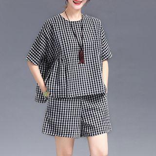 Set : Plaid Short-sleeve Top + Shorts