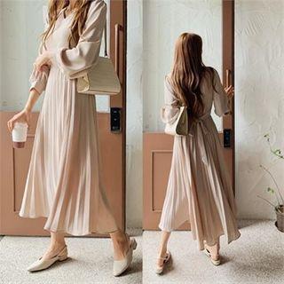 V-neck Tie-waist Pleated-hem Dress