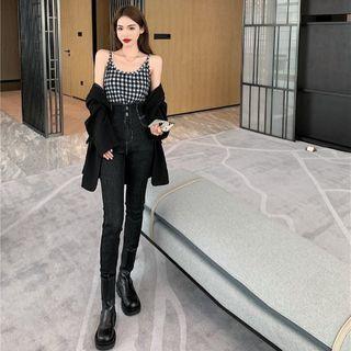 Plain Blazer / Plaid Sleeveless Top / Skinny Jeans