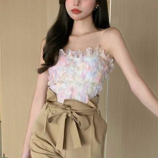 Strapless Print Ruffled Top / Wide-leg Pants