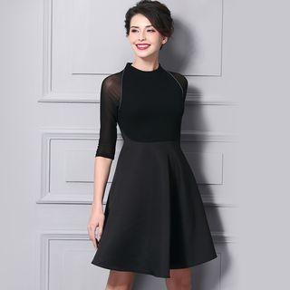 Elbow-sleeve Chiffon Panel A-line Dress