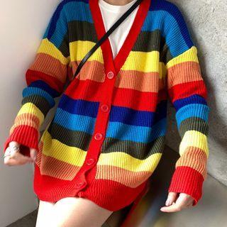 Striped Cardigan Cardigan - Red & Orange & Yellow - One Size