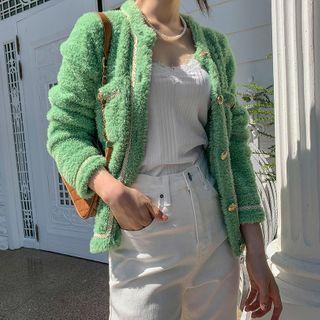 Braided-trim Dual-pocket Furry Cardigan