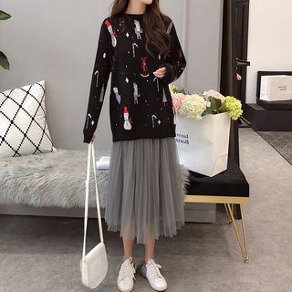 Christmas Print Sweater / Midi A-line Pleated Mesh Skirt As Shown In Figure - One Size