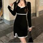 Long-sleeve Contrast Trim Knit Mini Sheath Dress Black - One Size