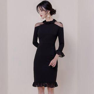 Mesh Insert 3/4-sleeve Ruffled Sheath Dress