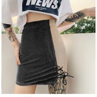 Two-tone Lace Up Mini Pencil Skirt