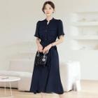 Mandarin-collar Flap-pocket Long Dress With Sash