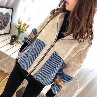 Patterned Panel Hooded Zip Jacket
