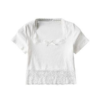 Short-sleeve Lace Trim Ribbed T-shirt