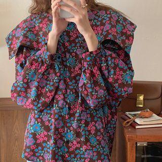 Floral Blouse Blue & Pink Floral - Wine Red - One Size