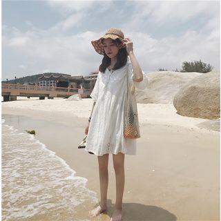 Short-sleeve Perforated Mini Dress White - One Size