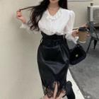 Ruffle Blouse / Faux Leather Mini Skirt