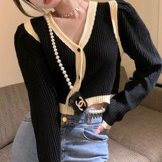 Long-sleeve Contrast Trim Cropped Cardigan Black - One Size