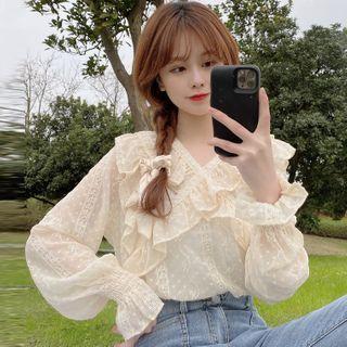 Long-sleeve Ruffled Lace Trim Dotted Chiffon Blouse