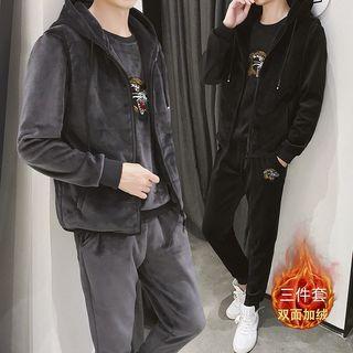 Set: Hooded Zip Vest + Animal Embroidered Sweatshirt + Sweatpants