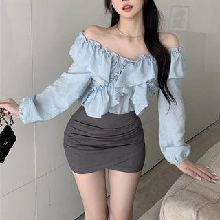 Long-sleeve Off-shoulder Frill Trim Blouse / Mini Skirt