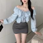 Long-sleeve Off-shoulder Frill Trim Blouse / Mini Skirt