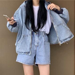 Hooded Denim Zip Jacket / High-waist Denim Shorts