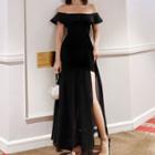 Short-sleeve Off Shoulder Chiffon Overlay Maxi Dress