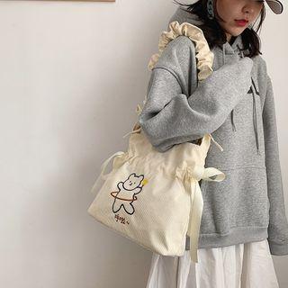 Bear Embroidered Corduroy Shoulder Bag