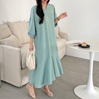 Notch-neck Ruffle-hem Long Dress