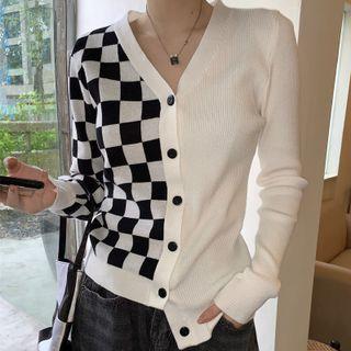 Checkerboard Panel Cardigan White & Black - One Size