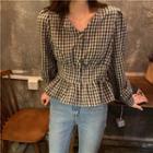 Long-sleeve Plaid Ruffled Blouse Checked - One Size